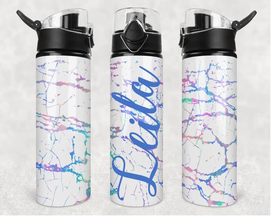 Personalized Flip Top Water Bottle 25oz | Gym Water Bottle | Travel Cup | 750ml | Pastel Rainbow Crackle with Name in your choice of color and Font