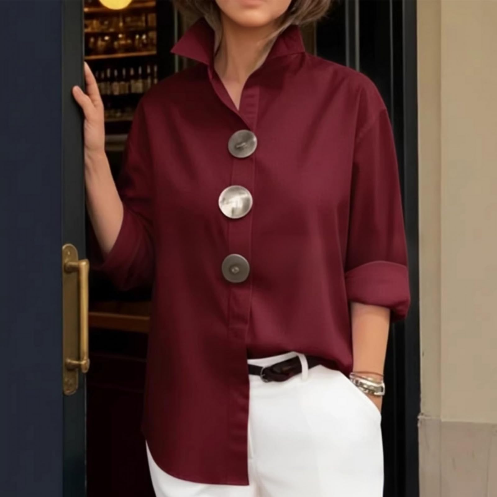 Elegante Blusa para Mujer con Cuello Alto y Botones metálicos – Camisa Oversize de Manga Larga, Top Casual de Color Liso para Primavera.