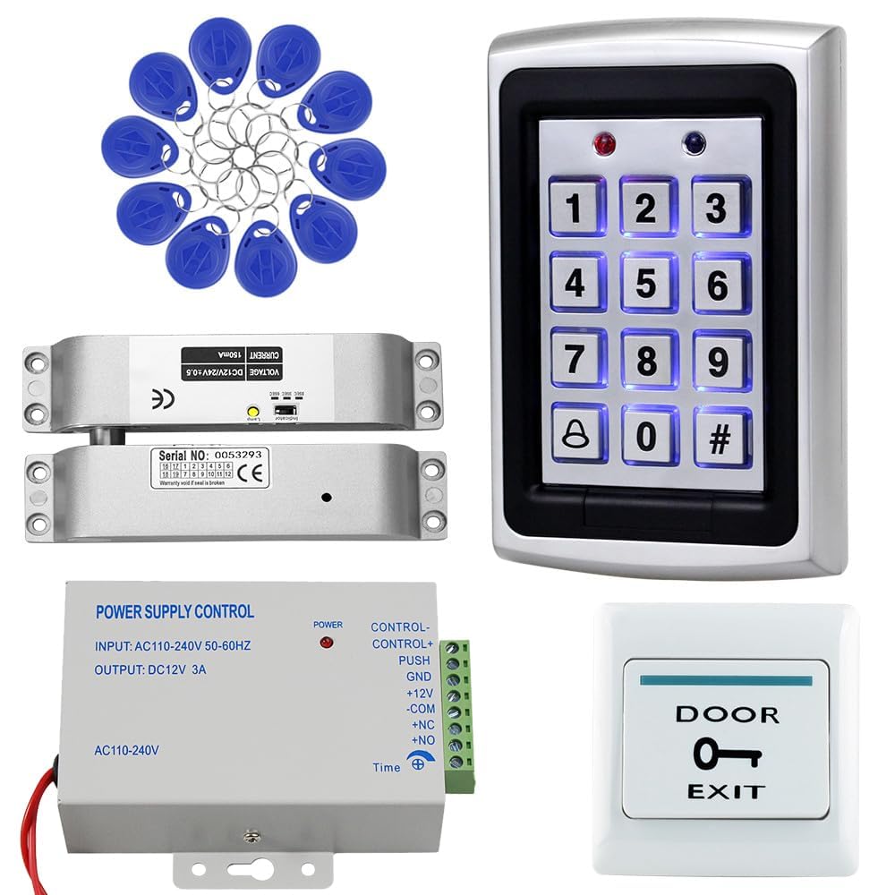Kit de contrôle d'accès en métal – Choisissez une serrure magnétique de 180 kg ou une gâche électrique, comprend une alimentation, un bouton de sortie, 10 porte-clés d'identification bleus – 125 kHz