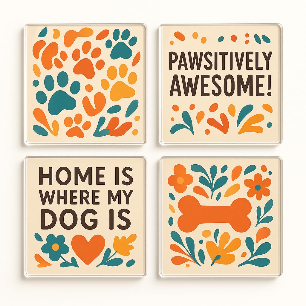 The Plum Penguin Pawtastic Whimsy Acrylic Coaster Gift Set Of 4 Boho Chic Dog Design - Pet Lover Home Decor For Dog Companion Celebration