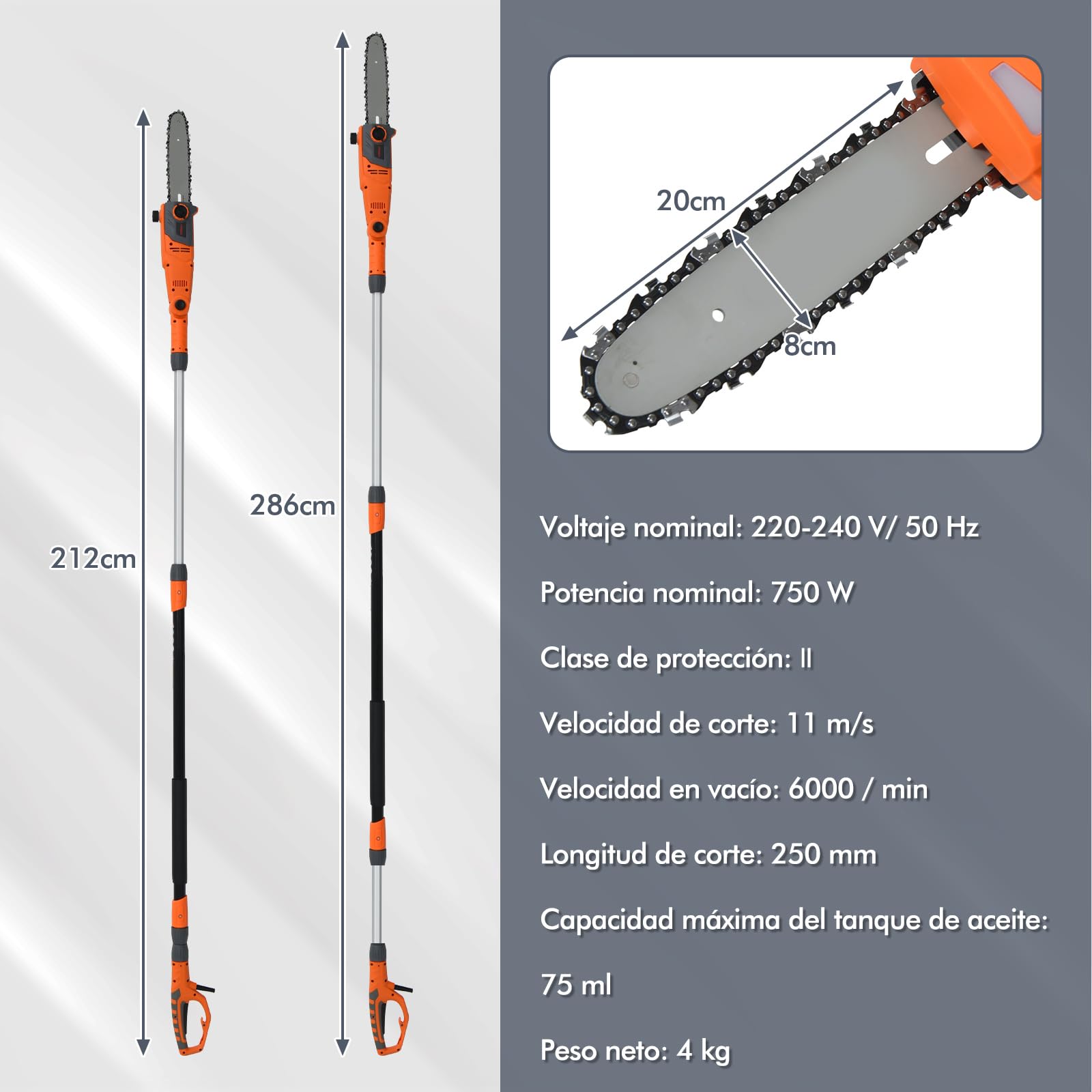 COSTWAY Sierra Eléctrica 750 W con Mástil de Aluminio Retráctil, Motosierra Multi Angulo, Montaje sin Herramientas, Velocidad la Cadena: 11 m/s, Motosierra Telescópica para Patio y Jardín