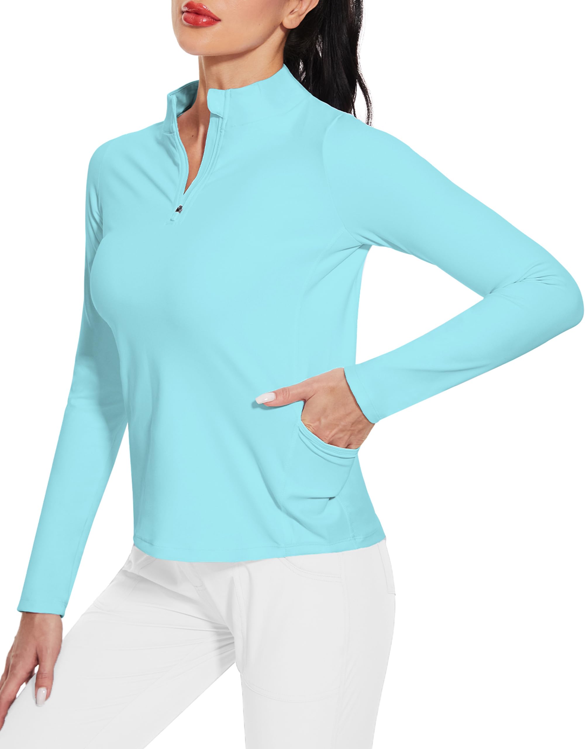 M MOTEEPI Womens Golf Shirt Long Sleeve Athletic Quarter Zip Pullover Sun Protection with Pocket