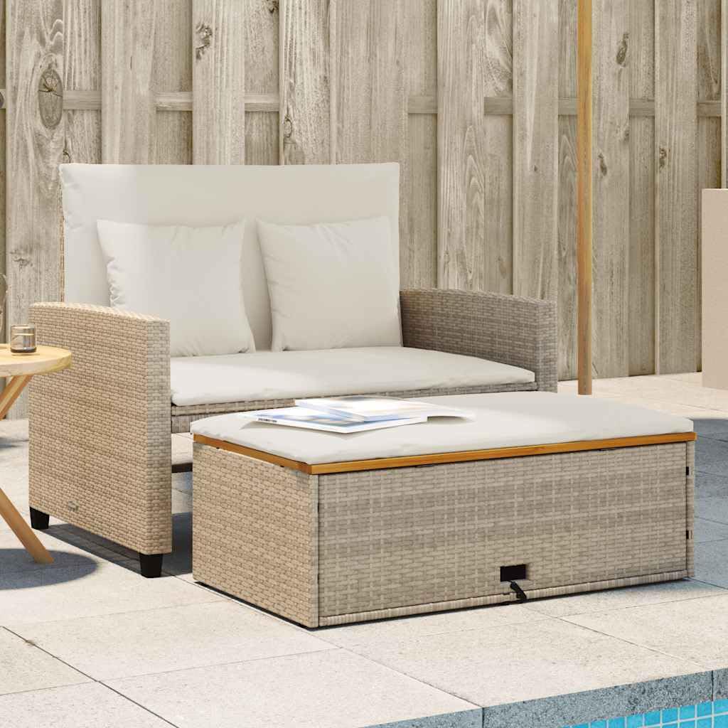 Sofá de jardín de 2 plazas beige de polirratán de madera de acacia con cojines y taburete, sofá cama plegable con espacio de almacenamiento, muebles de jardín resistentes a la intemperie para