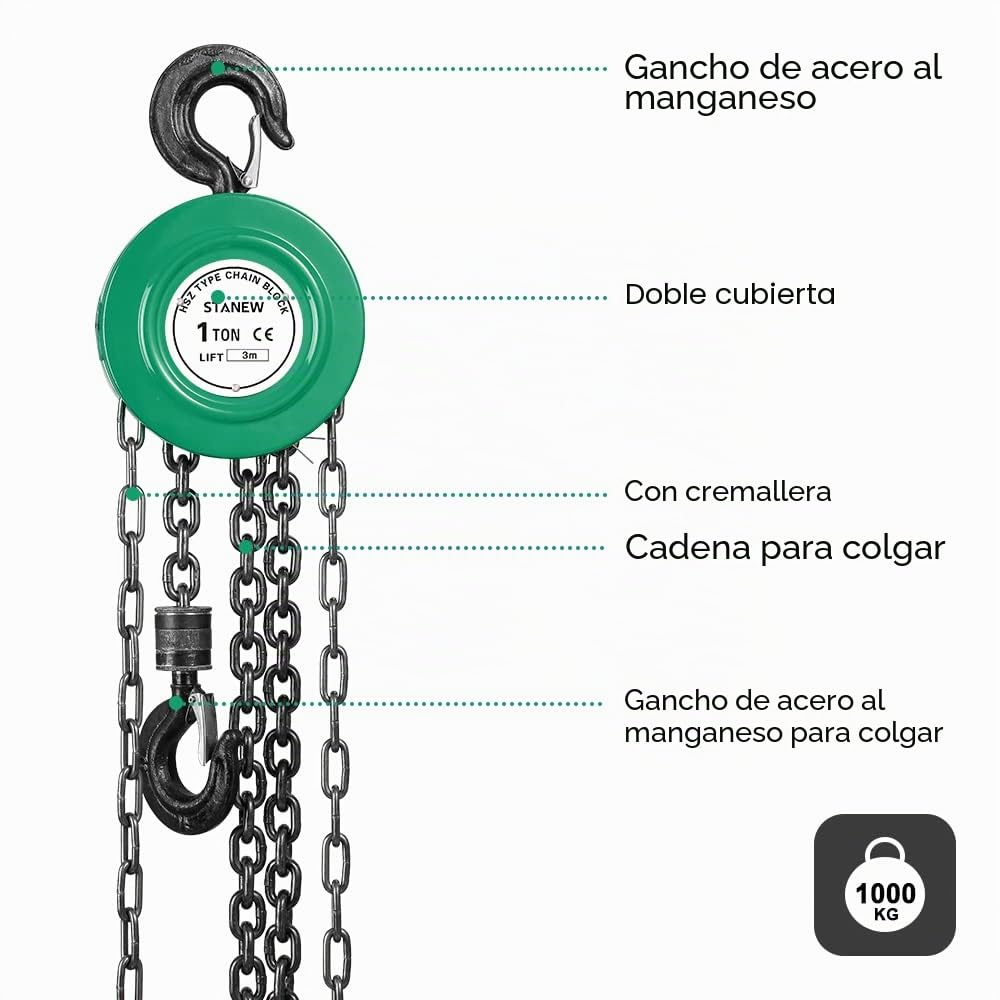 Polipasto de Cadena Manual con Gancho Resistente STANEW, Altura de Elevación 3,0 m, Verde, Doble Cadena de Carga, G80, Gancho de Elevación Con Seguridad (1 Tonelada 3,0 m)