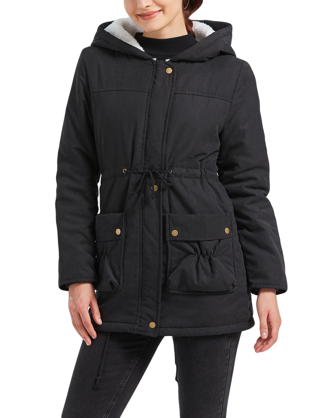 mewow Women's Winter Mid Length Thick Warm Faux Lamb Wool Lined Jacket Casual Coat-picture-53