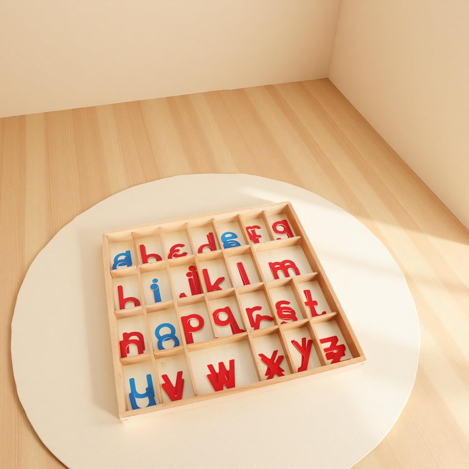 Alfabeto móvil con caja y manta, juego de alfabeto de madera para educación temprana, consonantes rojas y vocales azules, letras cursivas pequeñas, 13.6 x 13 x 1 pulgadas