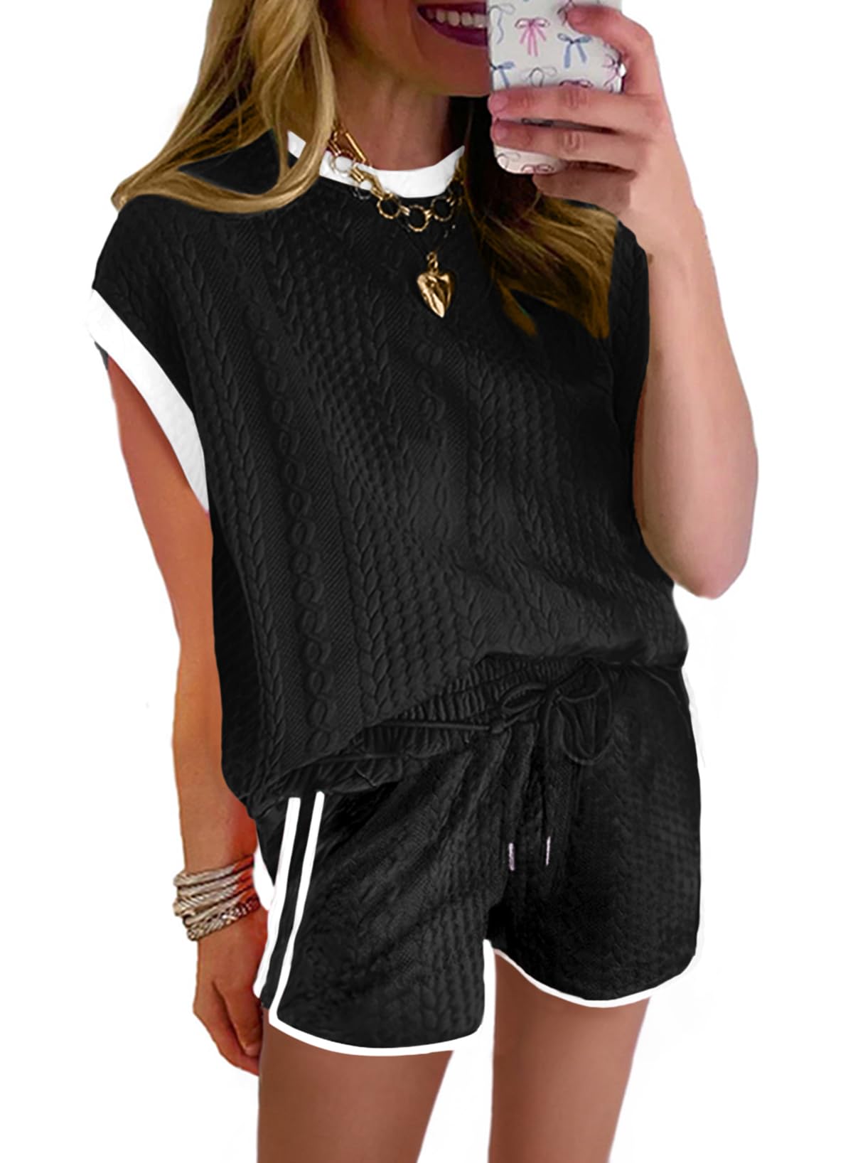 SHEWIN Women's 2 Piece Lounge Sets Casual Cap Sleeve Pullover Tops and Drawstring Shorts Tracksuit Sets