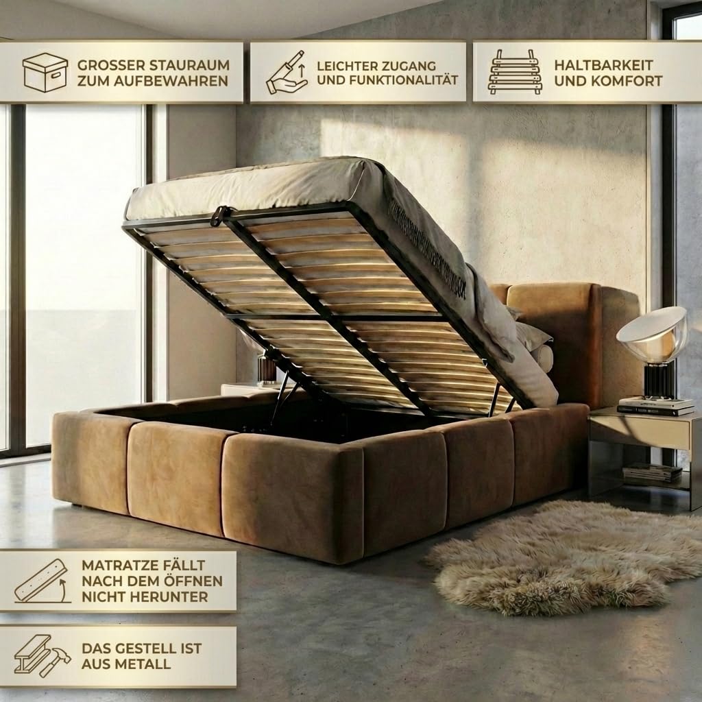 A&J MöbelLand Polsterbett 180x200 mit Bettkasten und Lattenrost – DONA, Bett mit Matratze und Stauraum in Dunkelgrau