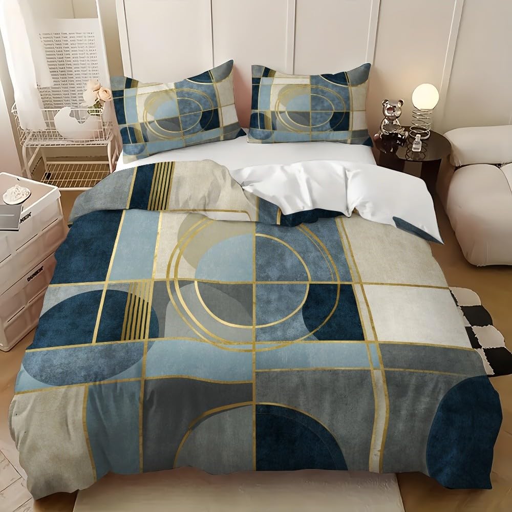 Geometryczna, nowoczesna, minimalistyczna pościel 180 x 200 cm, 3-częściowy komplet pościeli – z 2 poszewkami na poduszkę 80 x 80 cm, niebieska, poszewka na kołdrę z mikrofibry, z zamkiem