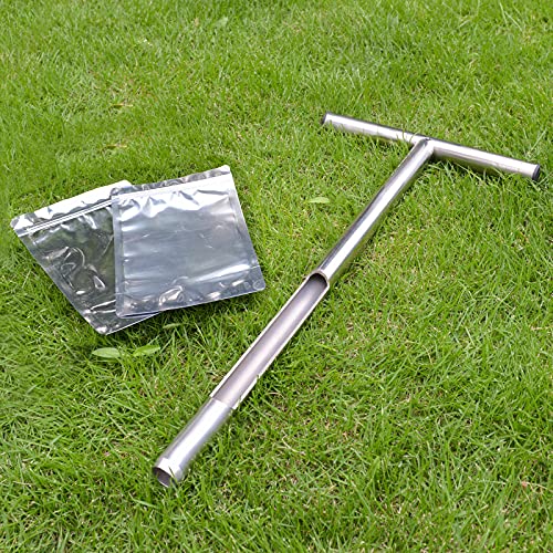 SurmountWay Soil Sampler Probe 21 Inch Stainless Steel with 2 Pcs Reusable Sample Bags, T-Style Handle Soil Test Kits Soil Probes for Soil Sampling Plant Care Garden Lawn Farm(A)