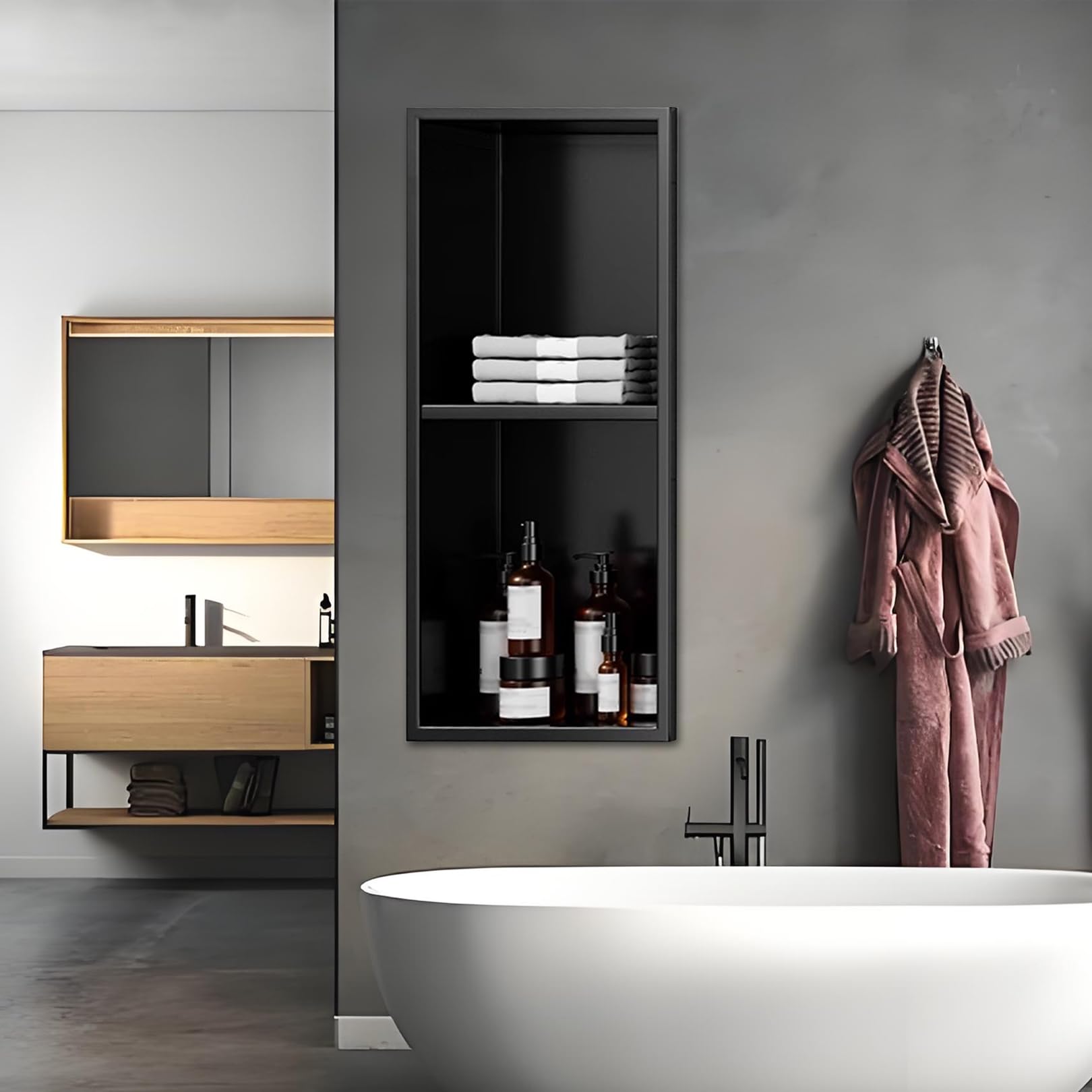 QUSYZD Wall Recess Stainless Steel Shower Niche for Living Room, Lounge, Bathroom, No Tiles Required, Bathroom Storage Niche, Matte Black,with Light,120x28cm,No Light-70x28cm