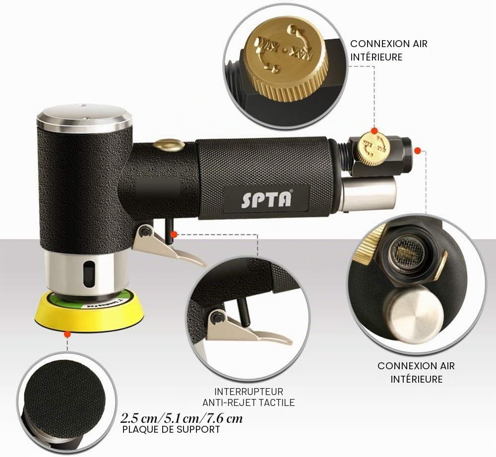 SPTA Mini poliermaschine, Druckluft Polierer, 25mm 50mm 80mm Exzenter schleifer Winkelschleifer mit 23tlg Polierschwamm Polierpad Polierfell Polierset Polierteller Kit von Auto,Möbeln,Metall-ARPS3SET