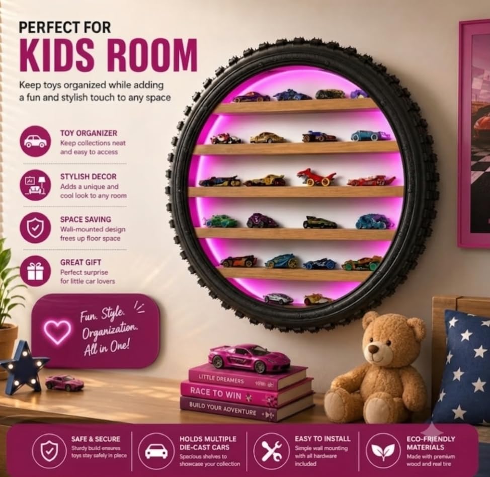 Image of Wooden Wall Shelf Display Rack for 1:64 Scale Die-Cast Cars, Pink