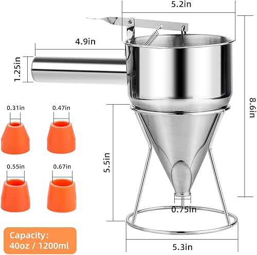 Vista 3 de Dispensador de masa para panqueques de 40 onzas, dispensador de pastel de embudo de acero inoxidable de 4 calibre con soporte, ideal