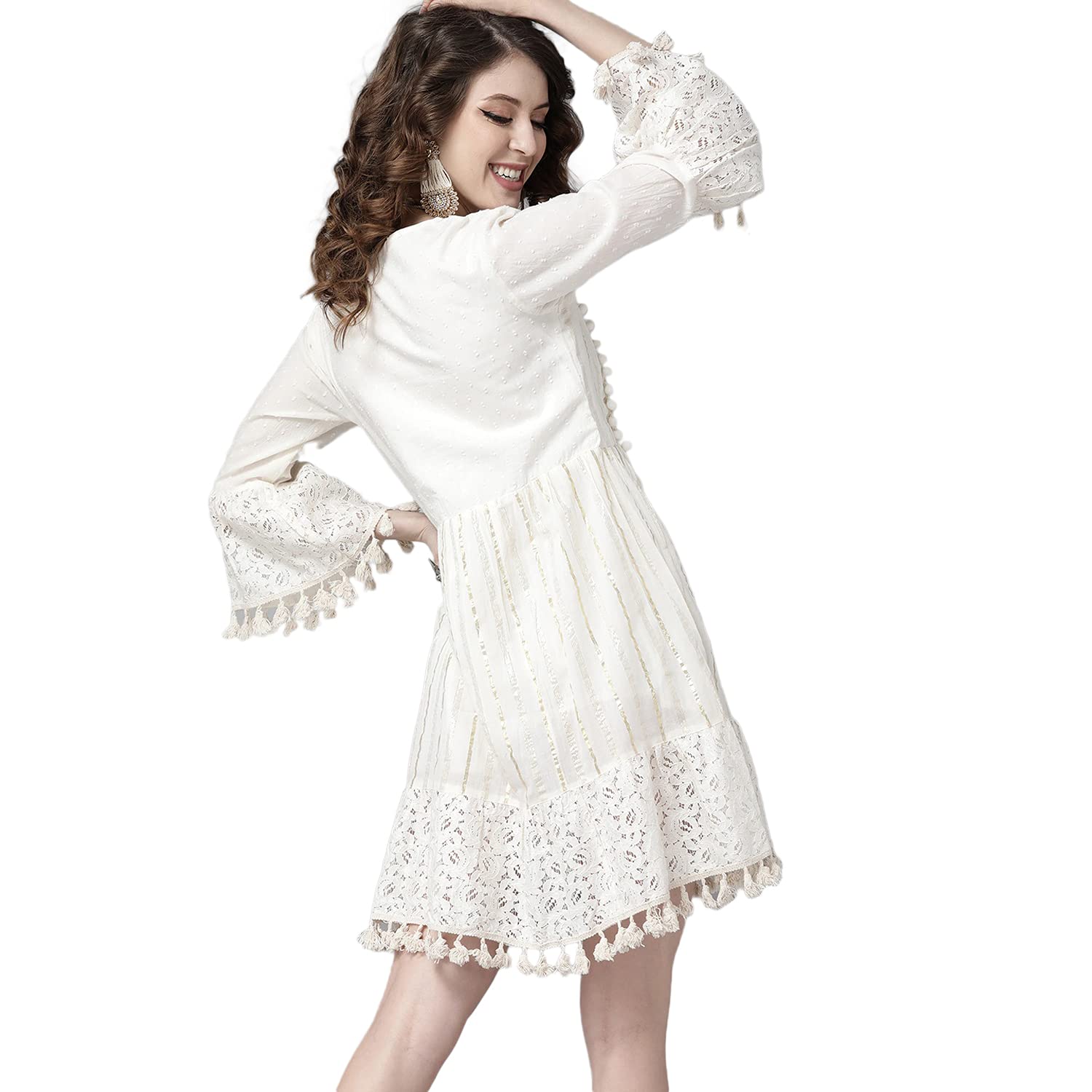 Ishin Women's Pure Cotton Off White Zari Embellished A-Line Dress