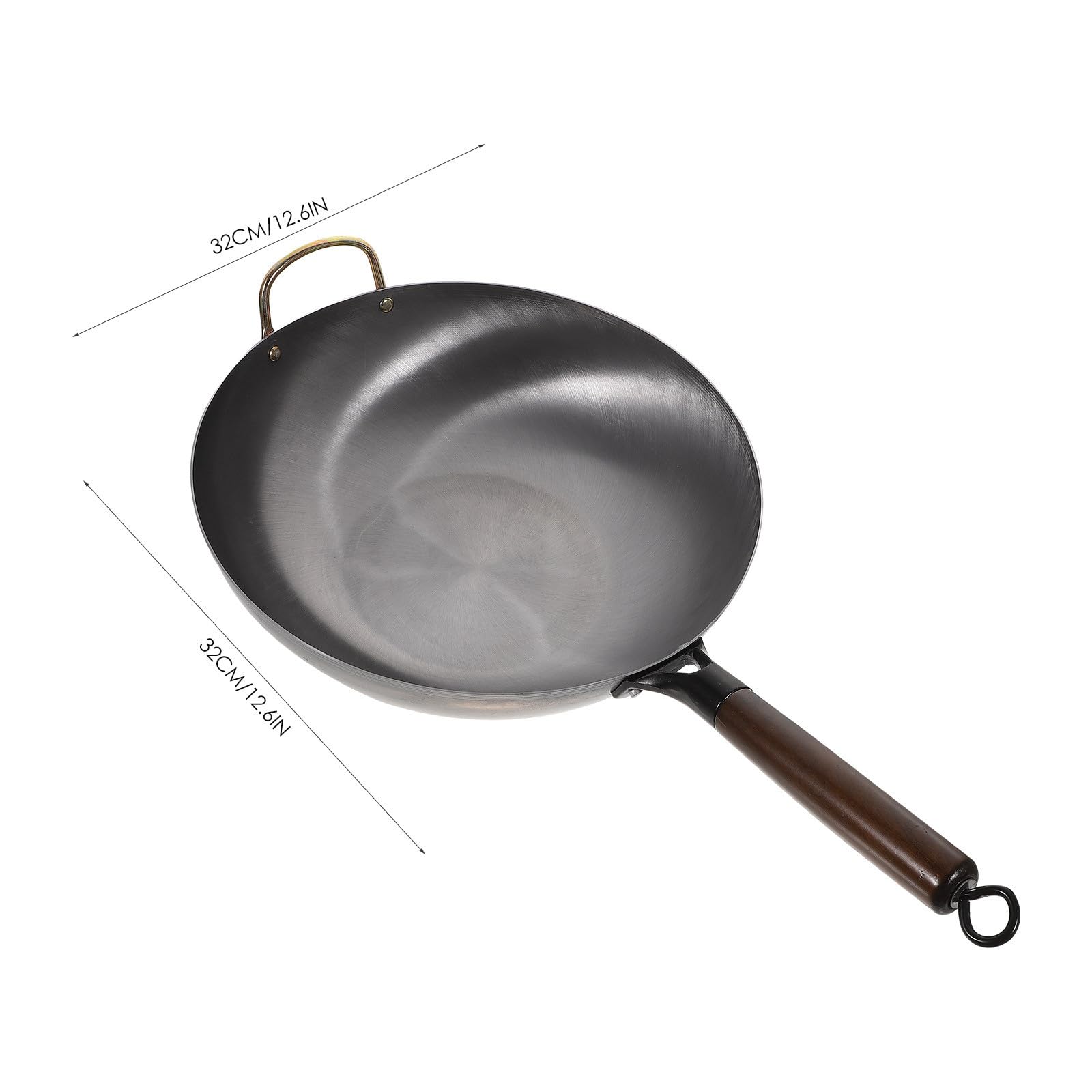 Wok Chino Grande de Hierro Fondo Liso y Mango Negro | Acabado Antiadherente, Apto para Hiking y Bbq, Pieza de Cocina Detalles en Madera