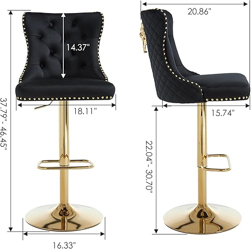 Miniatura 2 de Taburetes de bar negros juego de 2 sillas de cocina giratorias de terciopelo con respaldo alto acolchado, taburetes dorados modernos tapizados con