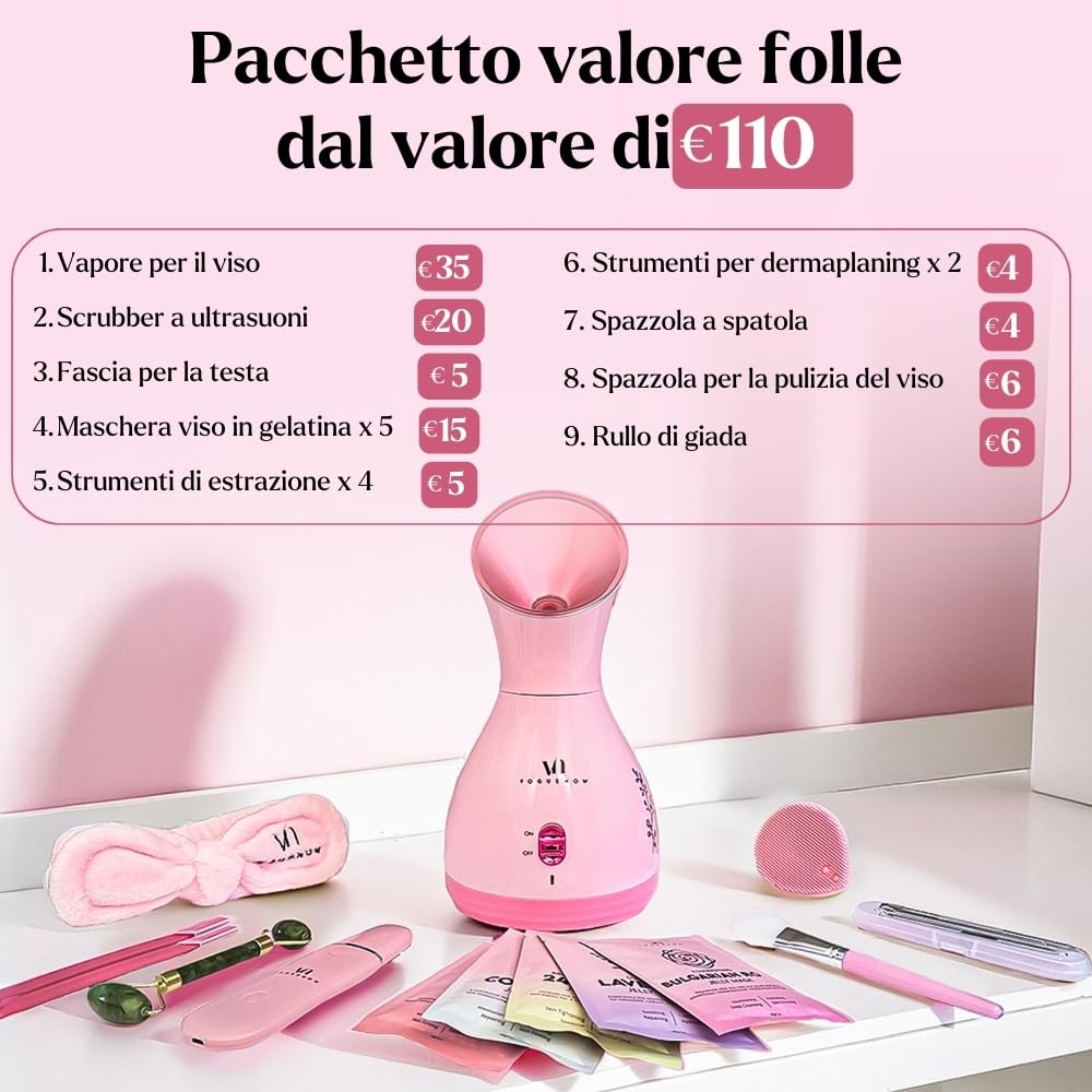 VogueNow Kit Spa per vaporizzazione del viso con 8 strumenti per la cura della pelle in omaggio | Vapore per la pulizia profonda del viso con modalità scalda-asciugamani e umidificatore