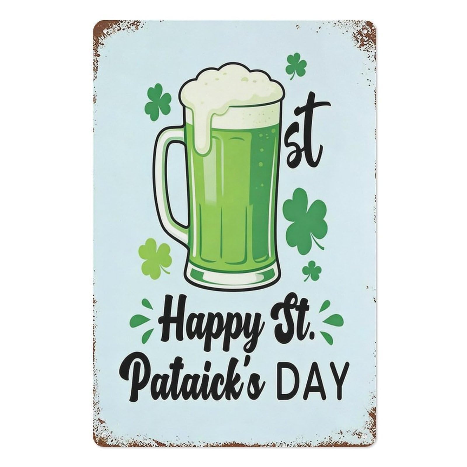 peiyeety St Patrick’s Day Metal Tin Sign 8x12 Inch, Green Beer Mug Clover Accents Pub Bar Wall Decor Plaque, Irish Holiday Wall Art