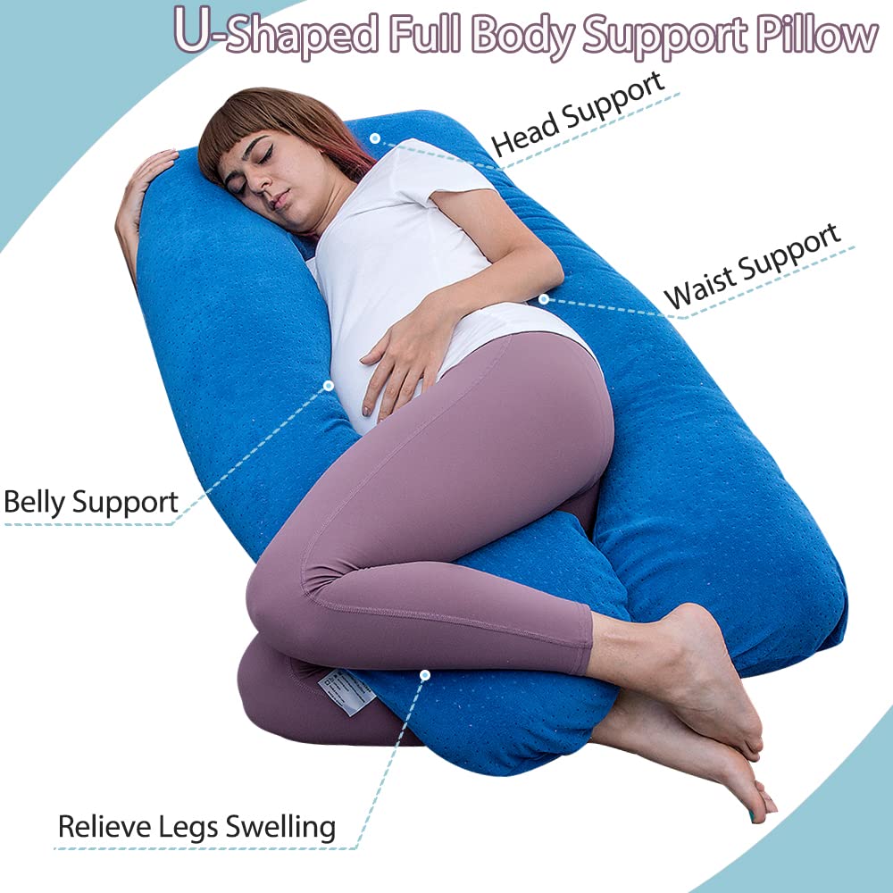 AS AWESLING Cuscino per gravidanza, a forma di U, cuscino per allattamento, supporto e maternità per donne incinte con rivestimento in velluto rimovibile (blu)