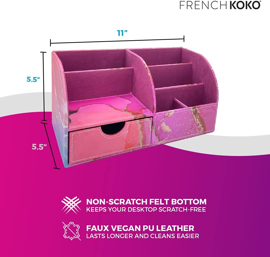 French KOKO Large PU Leather Desk Organizer Cute Pen Holder Office Pencil Holders Organizers Table Top Desktop Art Caddy Accessories Women Kids Girls Work School Storage Supplies (Tye Dye Love) : Office Products