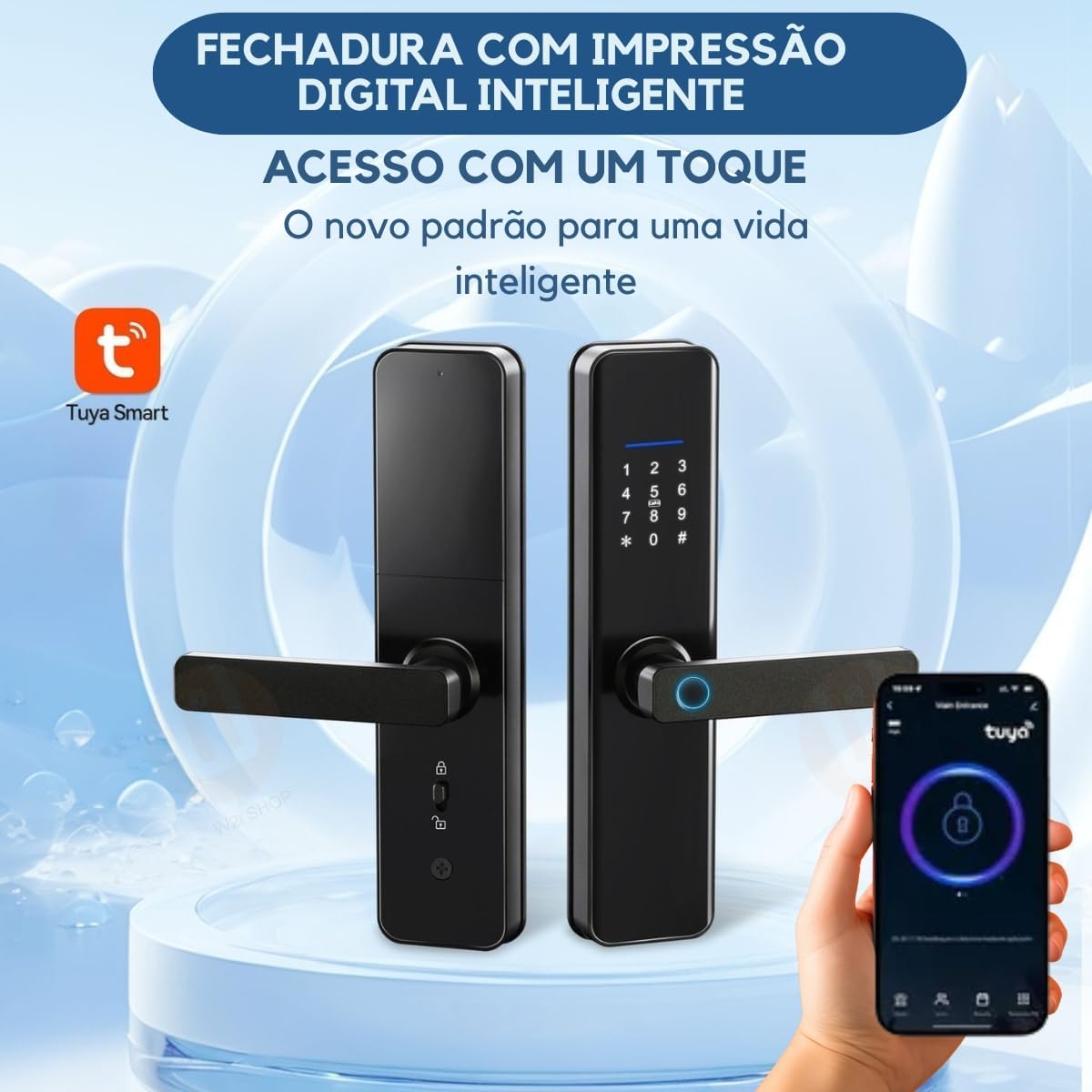 Coibeu Smart Digital Lock with fingerprint sensor and keypad highlighted, showing the Tuya app interface.