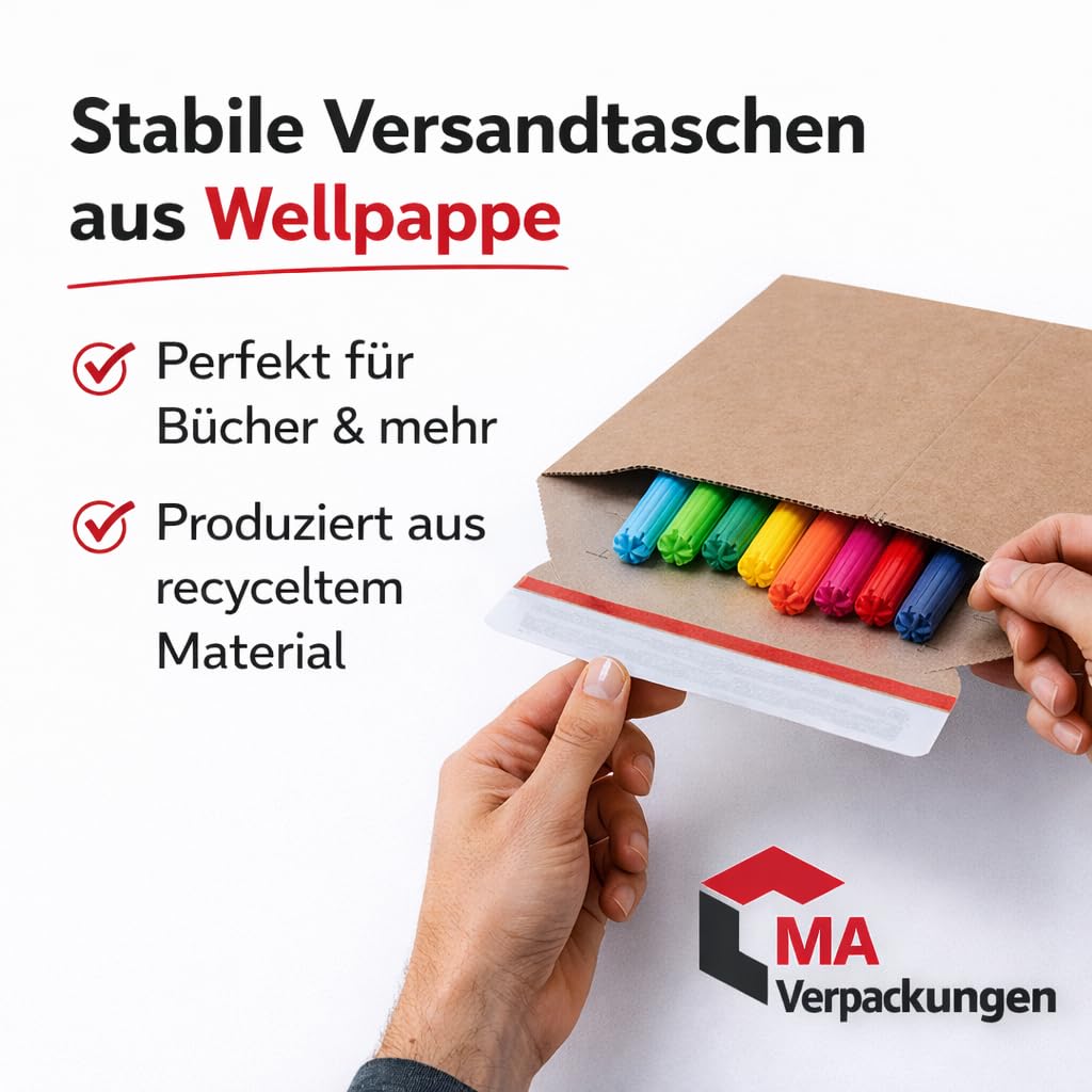 100x Versandtaschen DIN A5 175x250 mm aus stabiler Wellpappe – variable Füllhöhe bis 50 mm – selbstklebend mit Aufreißfaden – portooptimale Verpackung