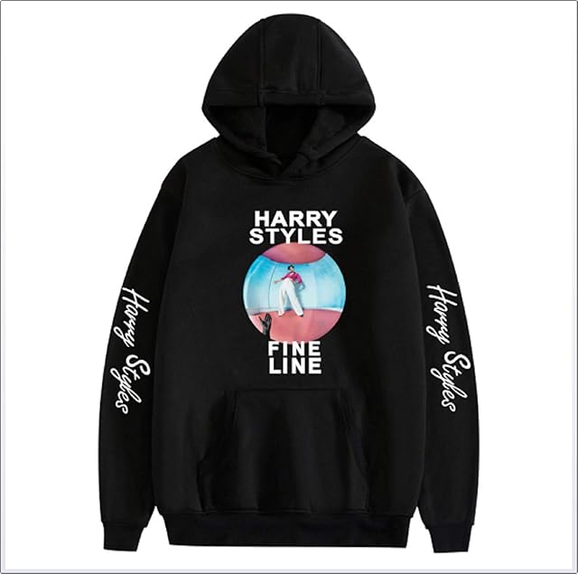 Pullover with Drawstrings and Front Pocket Ha-rry Styles Hoodie Print Design for Men Ladies, Black,XS