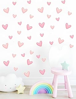 Set de 60 Pegatinas Infantiles Decorativas de Vinilo Adhesivo para Pared - Diseño de Corazones Rosa Adhesivos estilo Acuarela para Decoracion Habitacion Niño, Niña