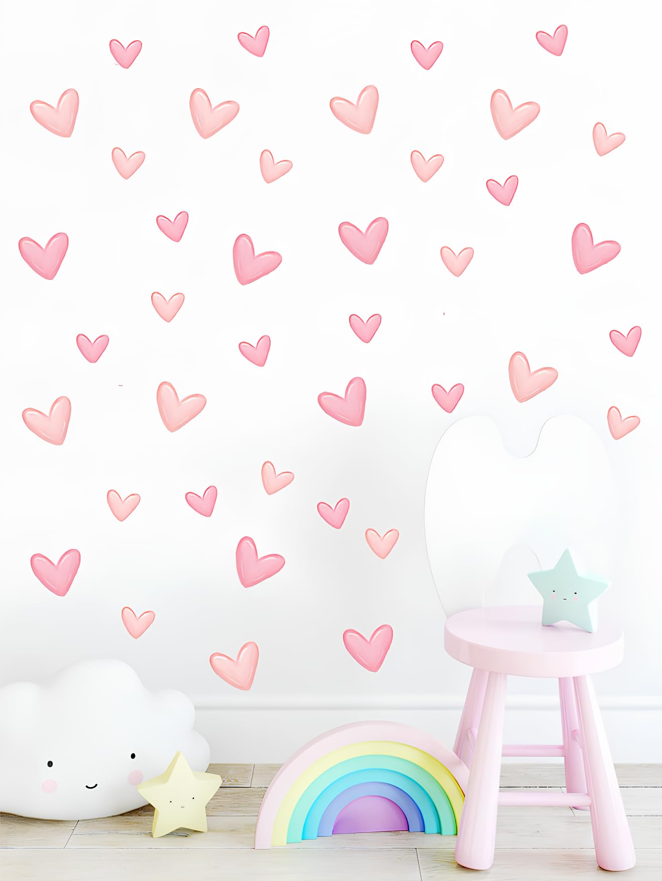 Set de 60 Pegatinas Infantiles Decorativas de Vinilo Adhesivo para Pared - Diseño de Corazones Rosa Adhesivos estilo Acuarela para Decoracion Habitacion Niño, Niña