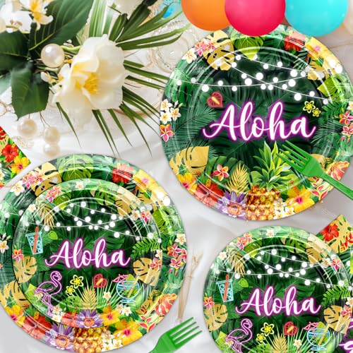 Lecheme Hawaiian Aloha Party Decorations 204 Pcs Luau Party Decorations Kit: Aloha Banner, Plates, Napkins, Tablecloth, Balloons Summer Tropical Party Supplies Serve 24 by Lecheme - Used condition - Image 4