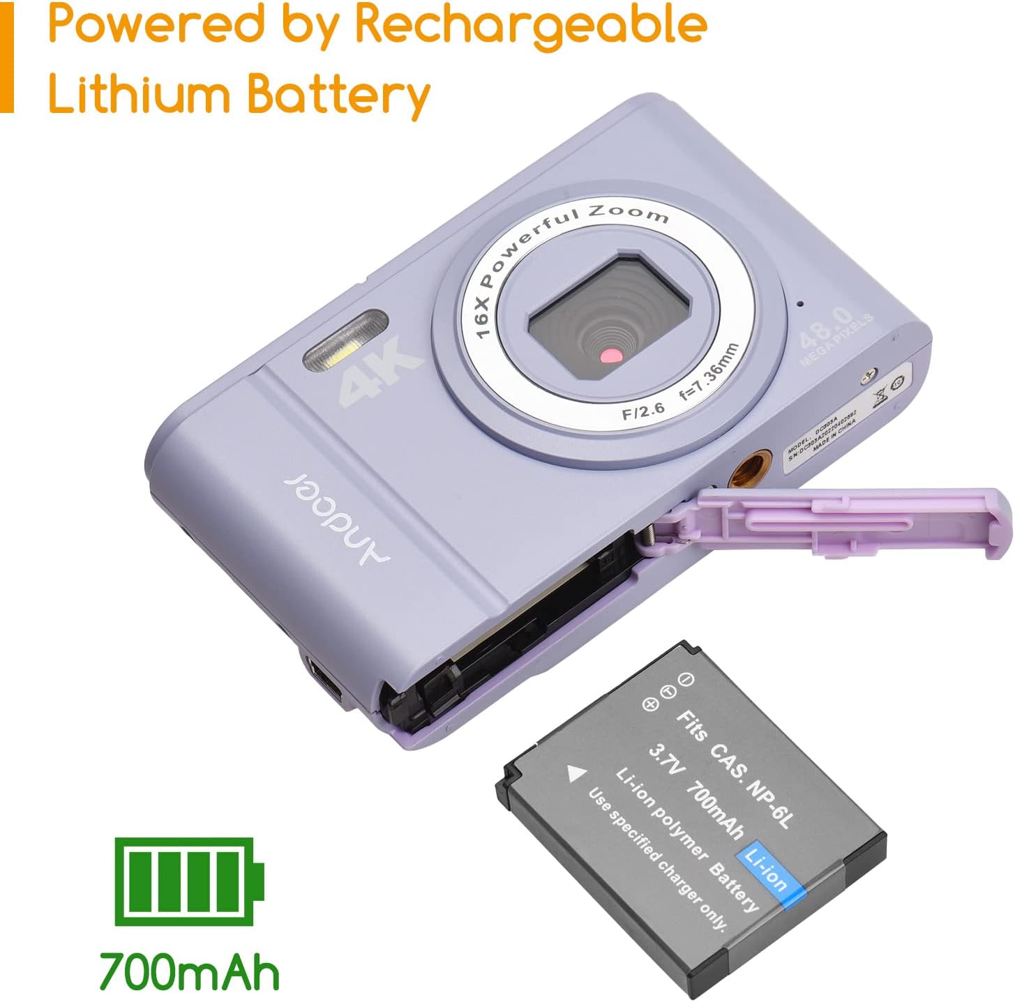 Andoer Fotocamera digitale, 48 MP, 4 K, schermo IPS da 2,8, fotocamera compatta, zoom digitale, con 2 batterie, scheda di memoria da 32 GB, cinturino da polso per adulti, anziani/bambini, viola