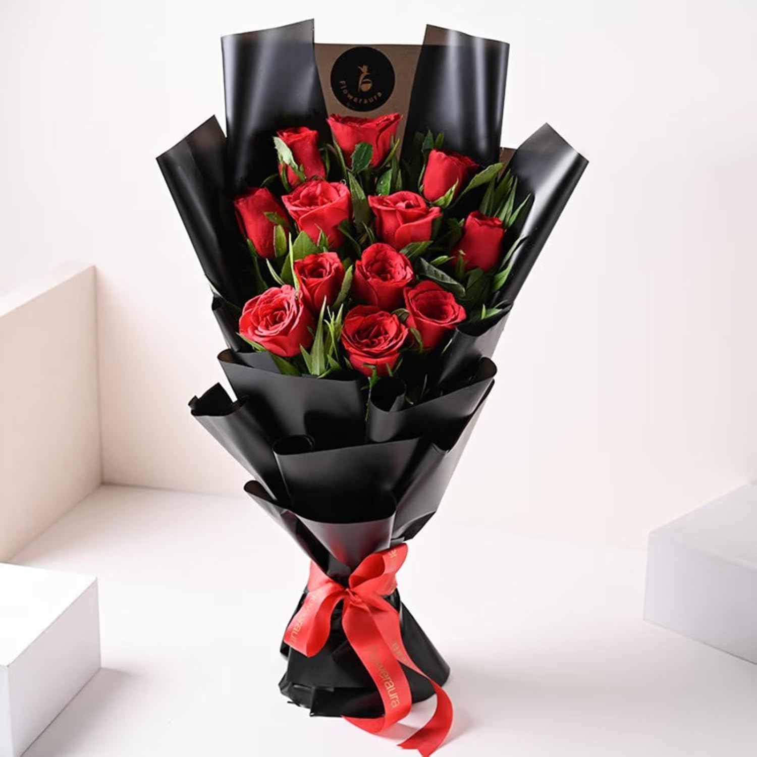 FlowerAura Fresh Flower Bouquet Gift 6 Red Roses With Black Chinese Paper Valentine's Day Gift's