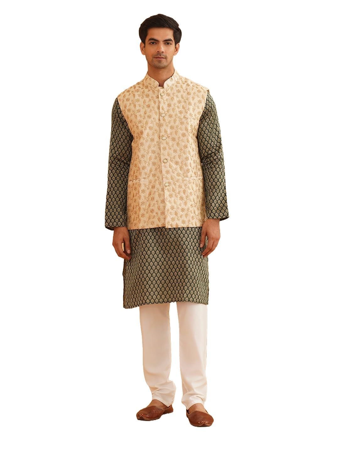 sojanya (Since 1958 Men's Silk Blend Self Design Dark Green Kurta With Pyjama & Beige Nehru Jacket-picture-34