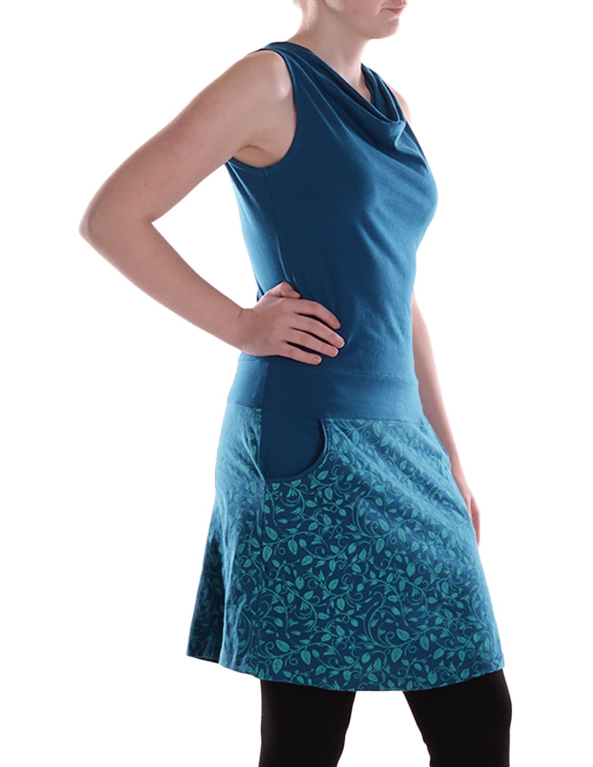 Vishes Alternative Bekleidung - Damen Midi-Kleid Baumwolle Blumen-Muster Wasserfall-Ausschnitt