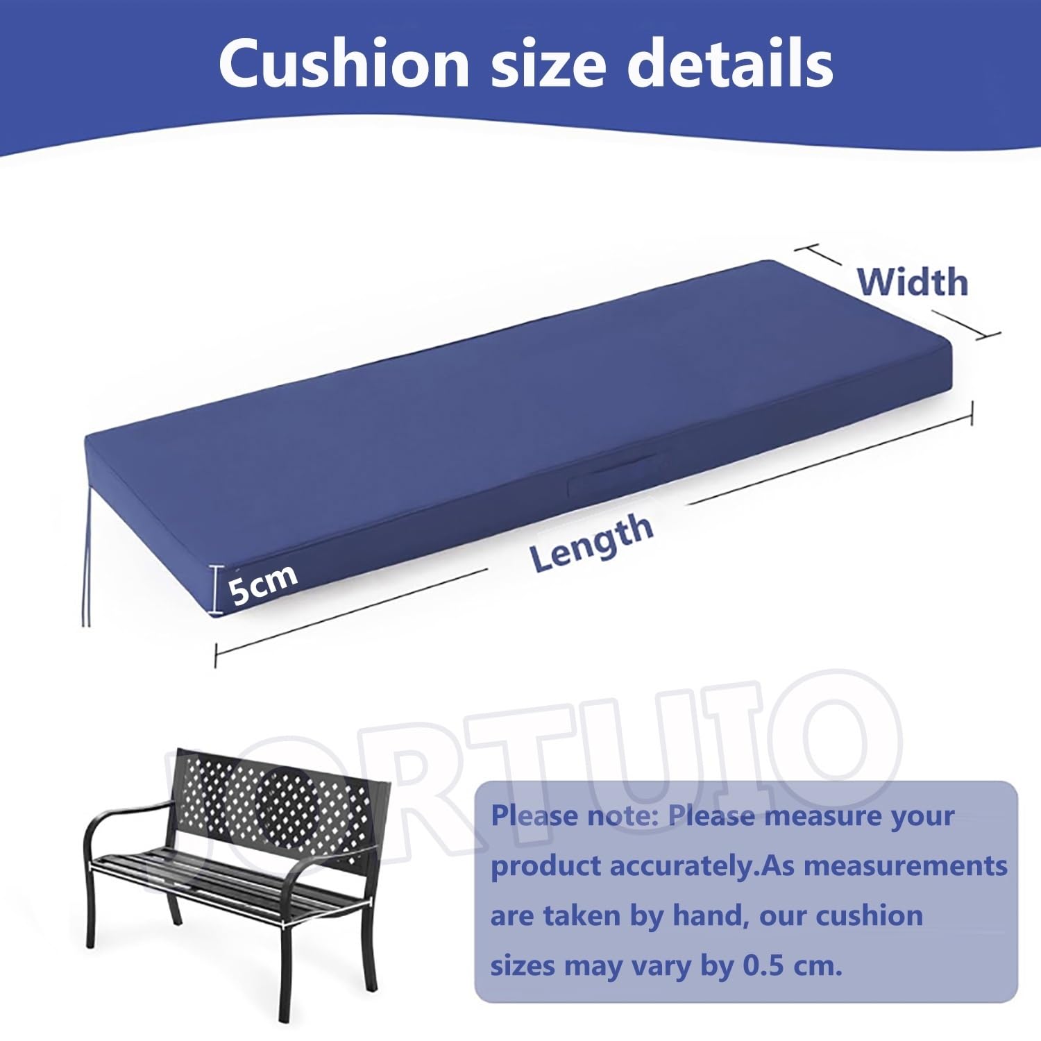 Impermeabile Cuscino per Panca da Esterno e Interno, Imbottitura Alta Densità, Antiscivolo con Cinghie, Cuscino Panca Comfort per Giardino, Terrazza, Balcone e Casa(Blu navy,180x80x5cm)