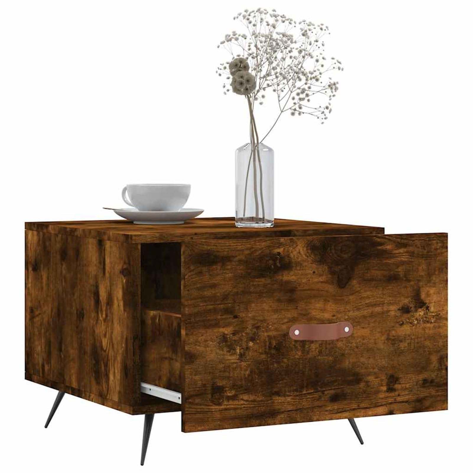 Lot de 2 tables basses bois chêne fumé fer avec espace rangement tiroir