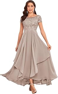 Lace Mother of The Bride Dresses for Wedding Short Sleeve Ruffle Chiffon Formal Evening Gown - Buy now