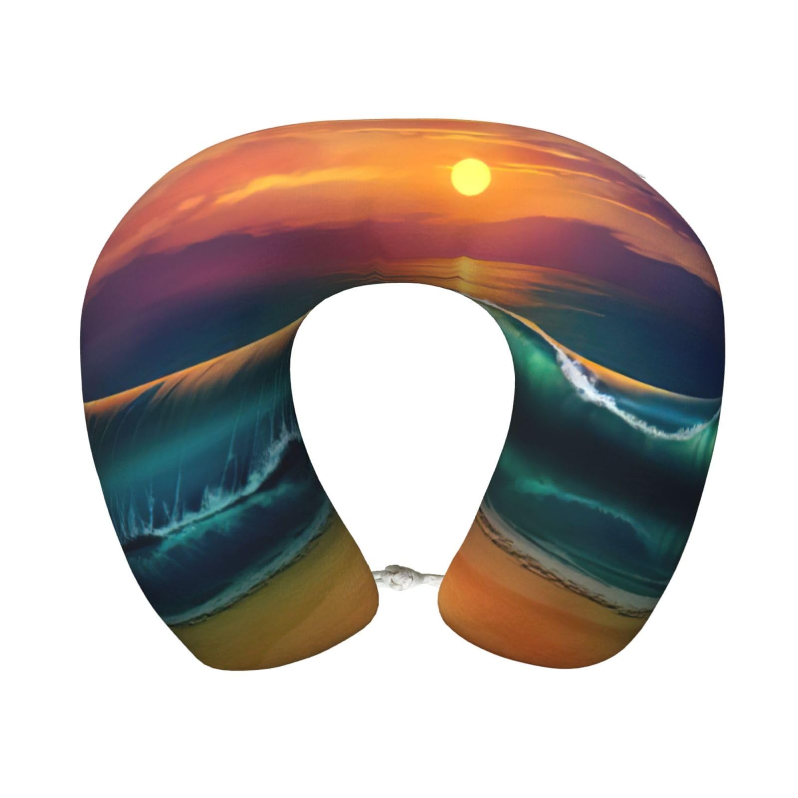 ASFgda U-Shape Memory Foam Sunset Seaside Print Travel Pillow,Neck Support,Washable Cover For Airplane Car Home Office