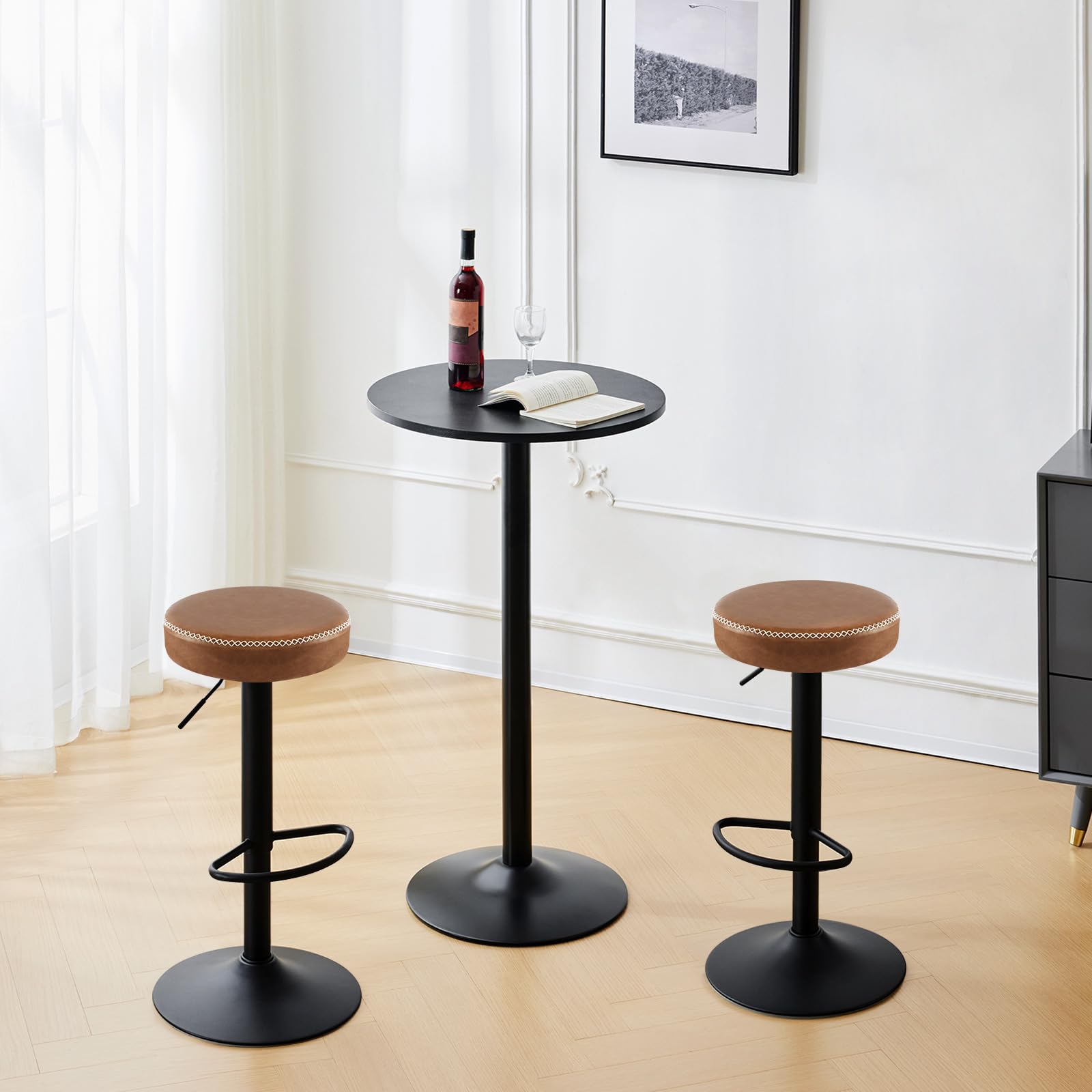 EUGAD Tabouret de Cuisine Haut Pivotant Avec Repose-Pieds, Bar Rond à Hauteur Réglable, Siège Rembourré en Similicuir Vintage, Marron, 1085BY-1