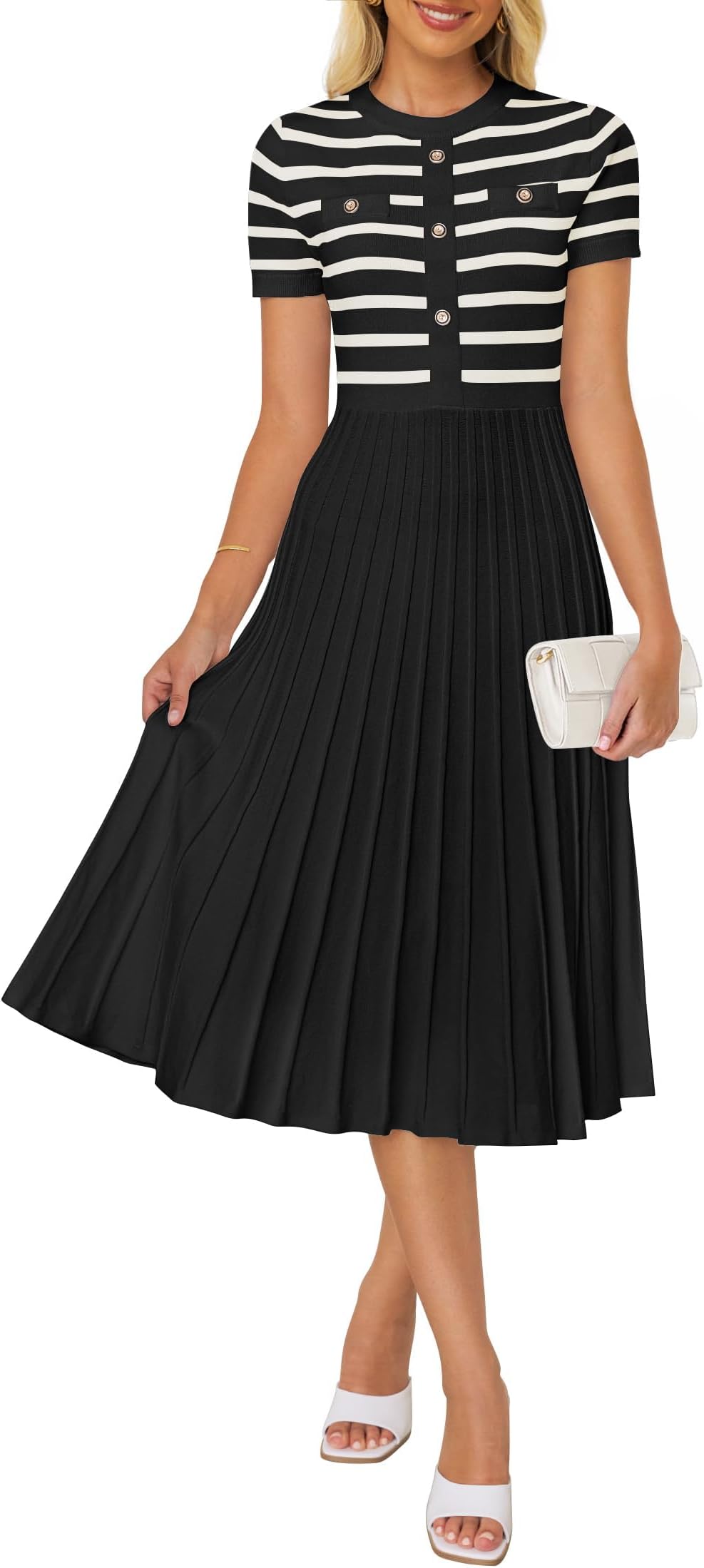 ZESICA Women's Casual Striped Midi Dress Crewneck Short Sleeve Button Ribbed Knit Swing Pleated A Line Dresses