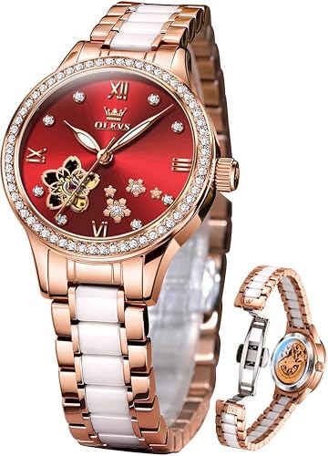 OLEVS Relojes para mujer, reloj automático de lujo, correa de cerámica, oro rosa, reloj de pulsera para mujer