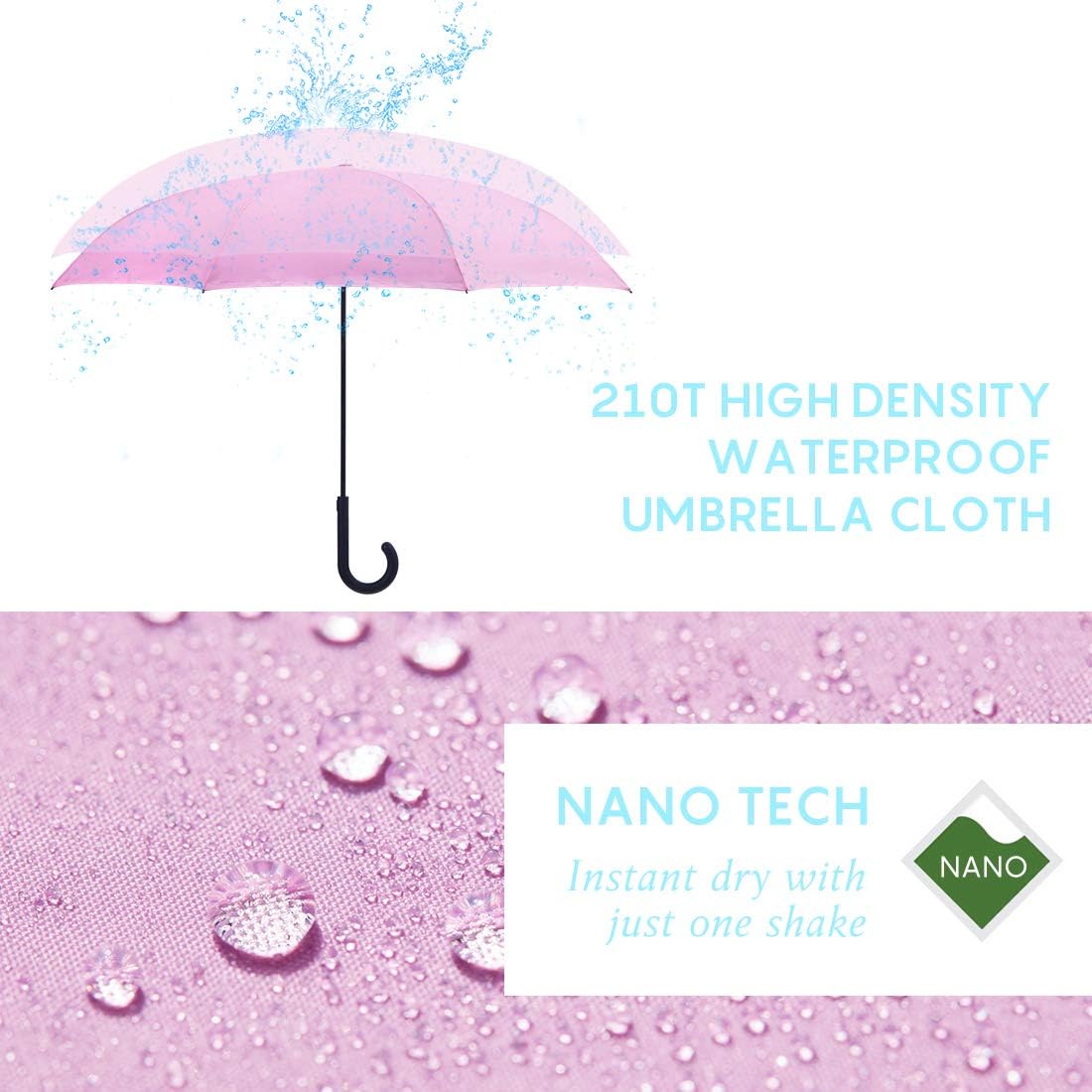 RUMBRELLA Reverse Umbrella Auto Close Windproof Car Umbrella Inverted with J Hook Handle for Women Girls, Pink Blue