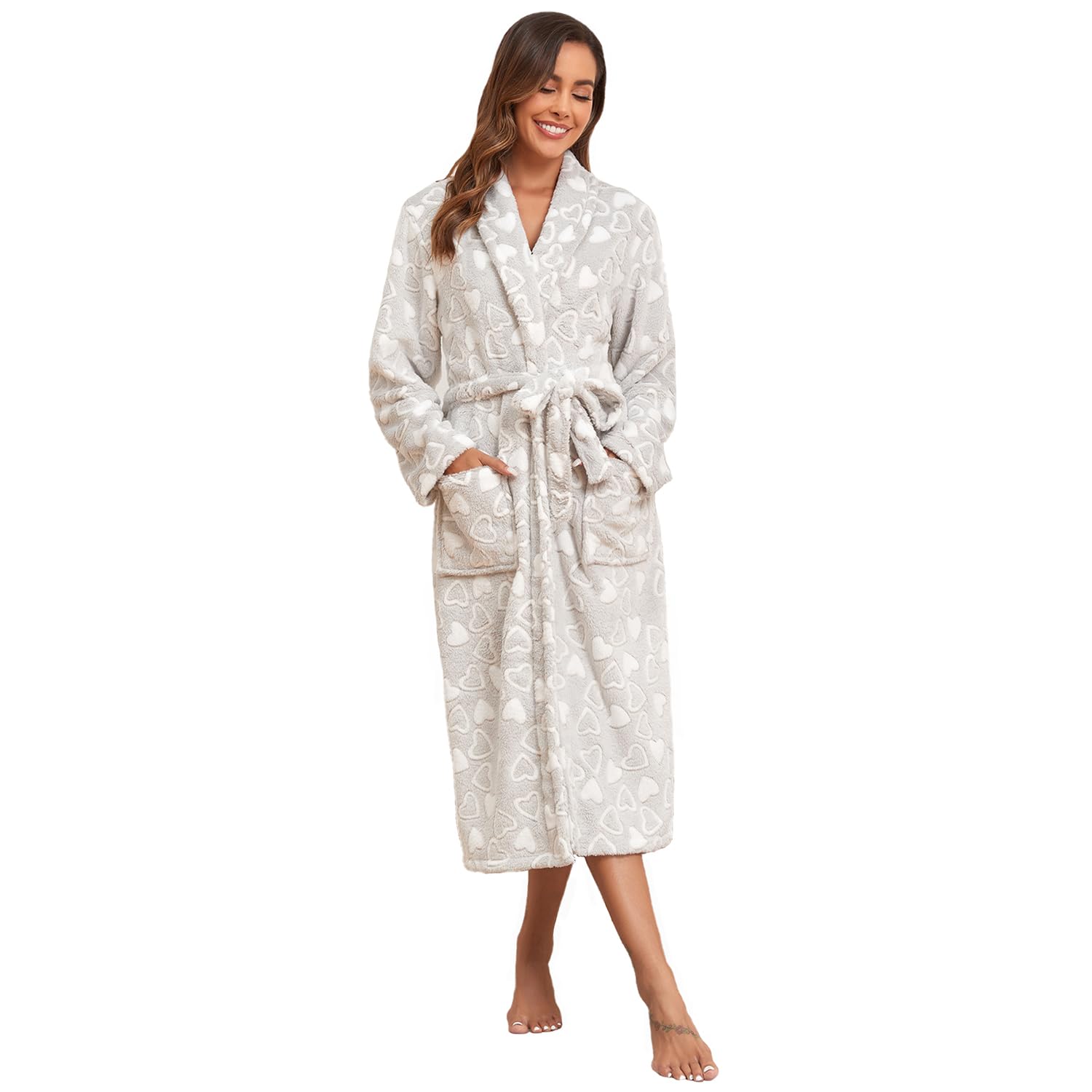 RONGTAI Women's Plus Size Fleece Robe Soft Thermal Bathrobe with Pockets and Belt,Solid Color Shawl Collar Robe