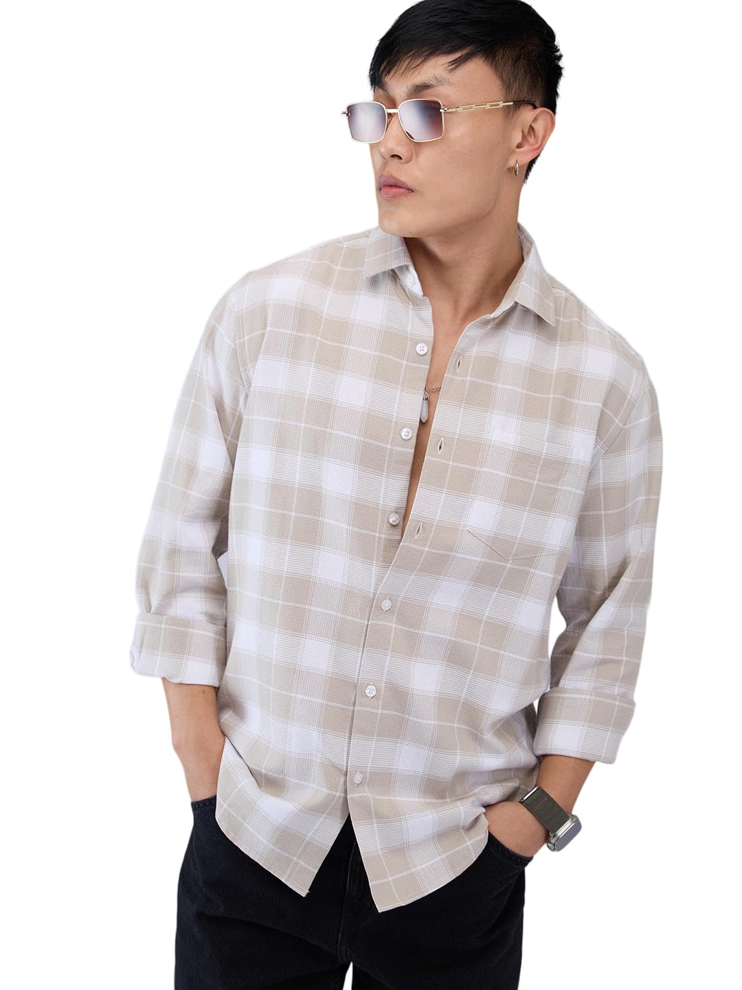 VASTRADO Mens Beige & White Checkered Shirt | Premium Cotton Fabric | Classic Full Sleeve Design, Collar Neckline, Button Closure | Casual & Smart Casual Occasions