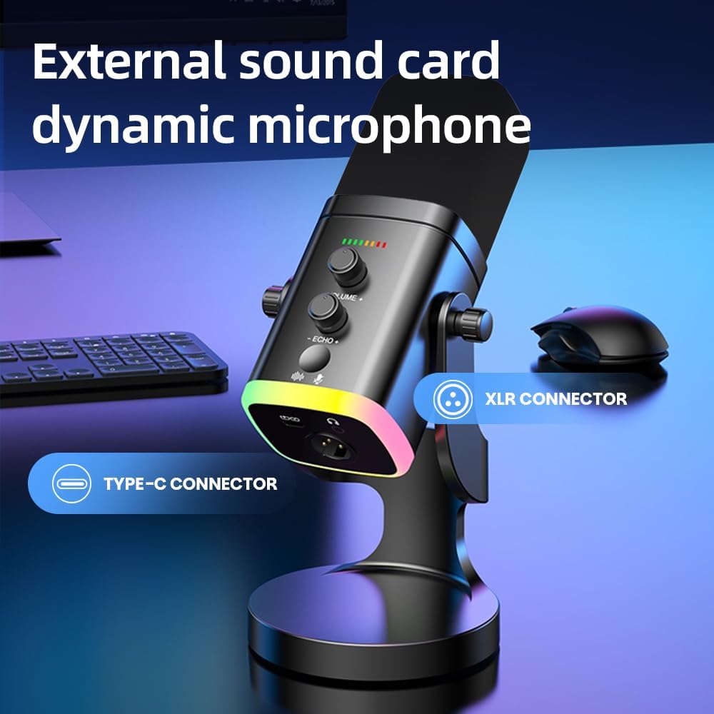USB/XLR Desktop Dynamic Microphone with RGB Light, Noise Reduction & Mute Button for Podcast Recording, PC Computer Gaming Streaming Mic with RGB Light, Mute Button, Headphones Jack (Black)