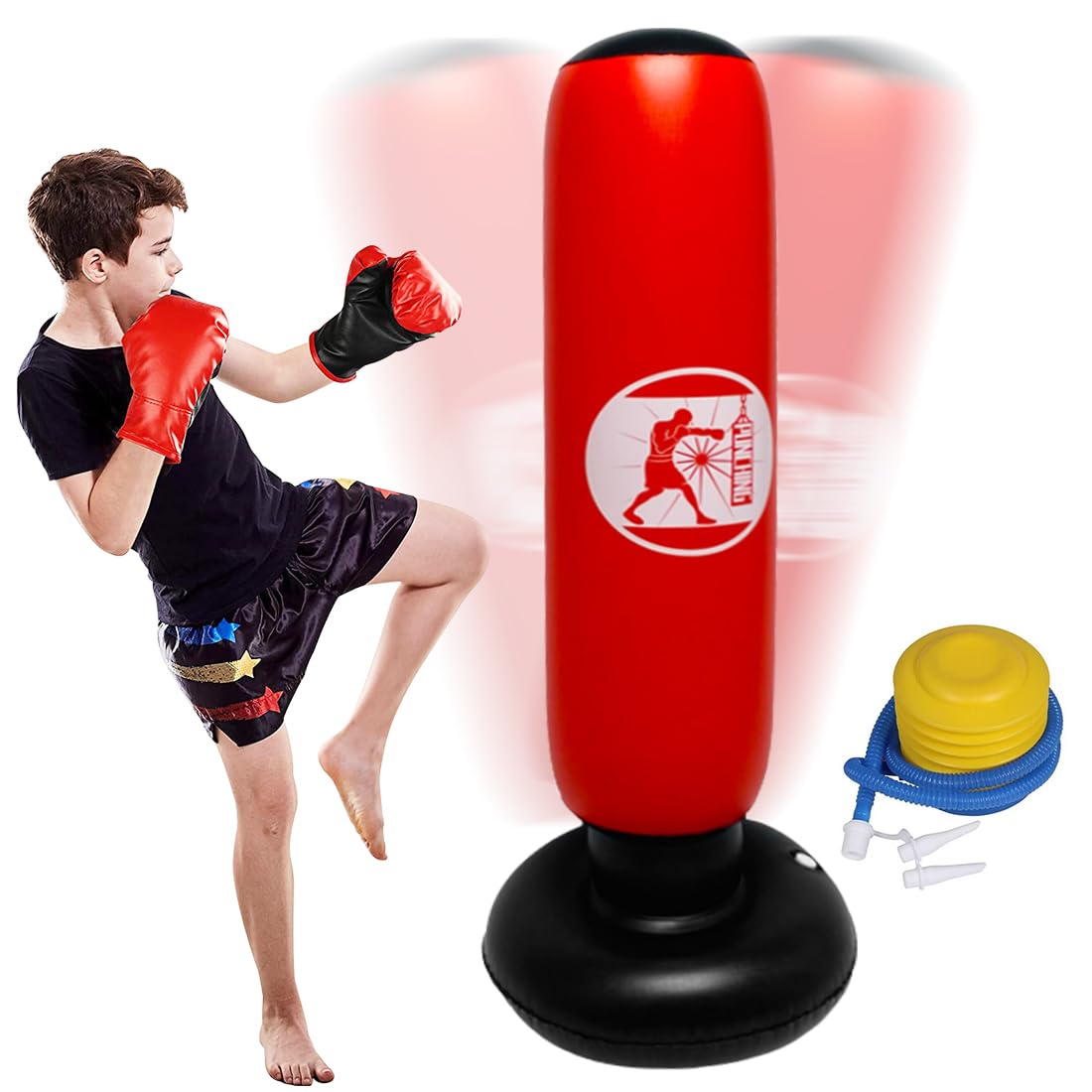 LOMUG Boxsack Kinder 63 Zoll/160 cm Größere Stabile Aufblasbarer Standboxsack, Freistehender Boxsack Stehend Kinder für Praxis Karate, Taekwondo, MMA, Geschenke für Jungen & Mädchen Alter 6-12