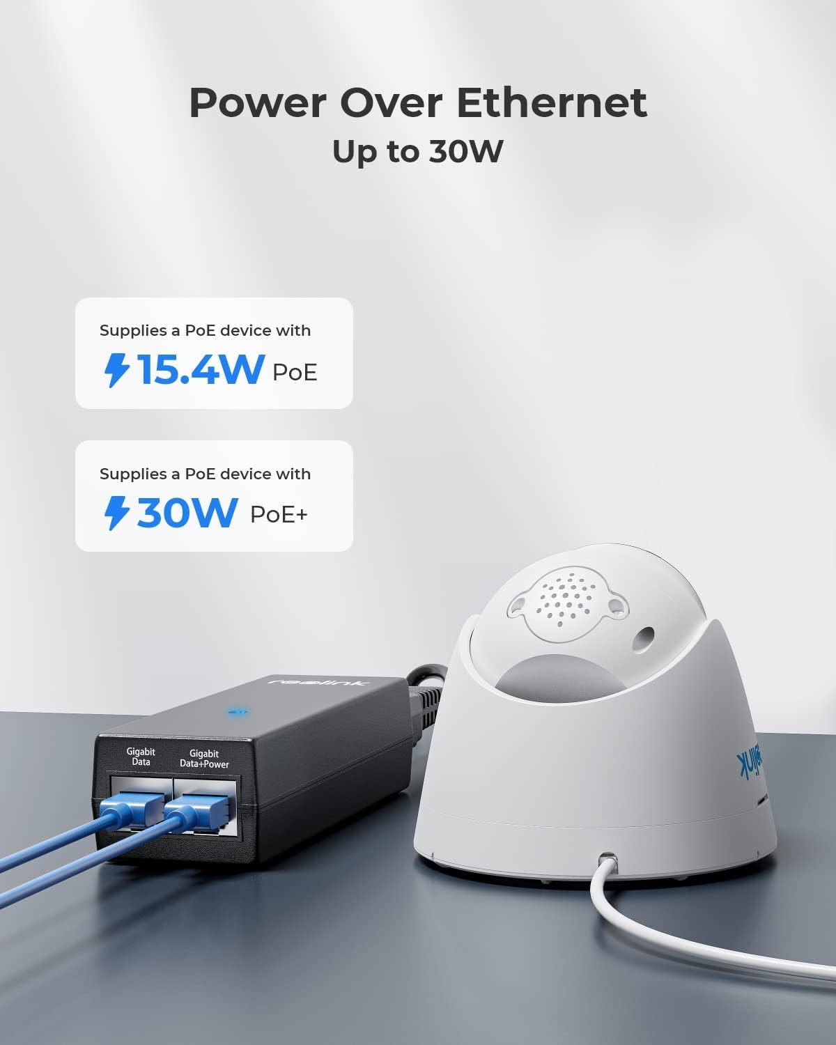 Reolink Gigabit PoE Injector, Convert Non-PoE to PoE, Supplies PoE+ (30W) or PoE (15.4W), Distance up to 100m, Plug & Play, Suitable for Reolink PoE Cameras/Reolink Video Doorbell PoE, P030U05