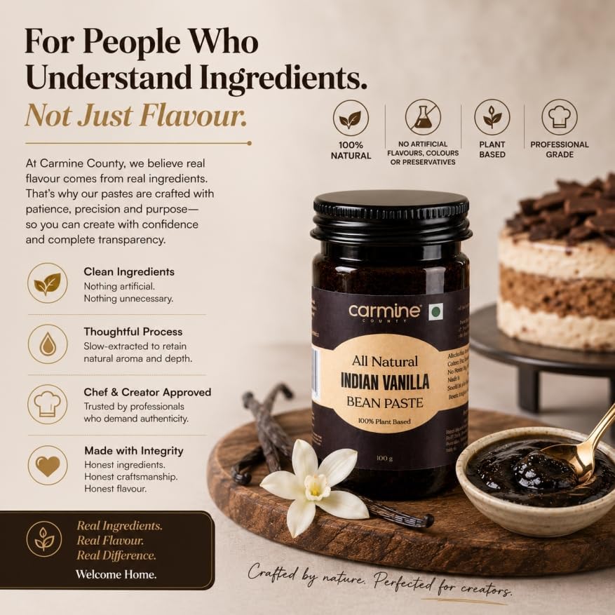 Image of Carmine County All Natural Pure Indian Vanilla Bean Paste 100g | No Added Sugar, Gluten-Free | Rich Flavor for Baking, Cooking, Ice Cream, Cakes, Cookies, Custards, Coffee, Milkshakes & Frosting | Vanilla Extract Substitute