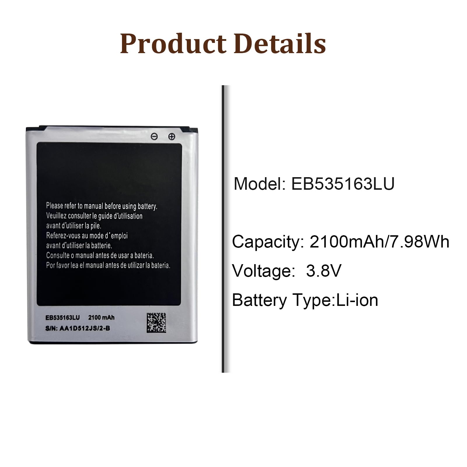 Batteria di ricambio EB535163LU compatibile con Galaxy Grand i9080 Neo i9060 DuoS i9082